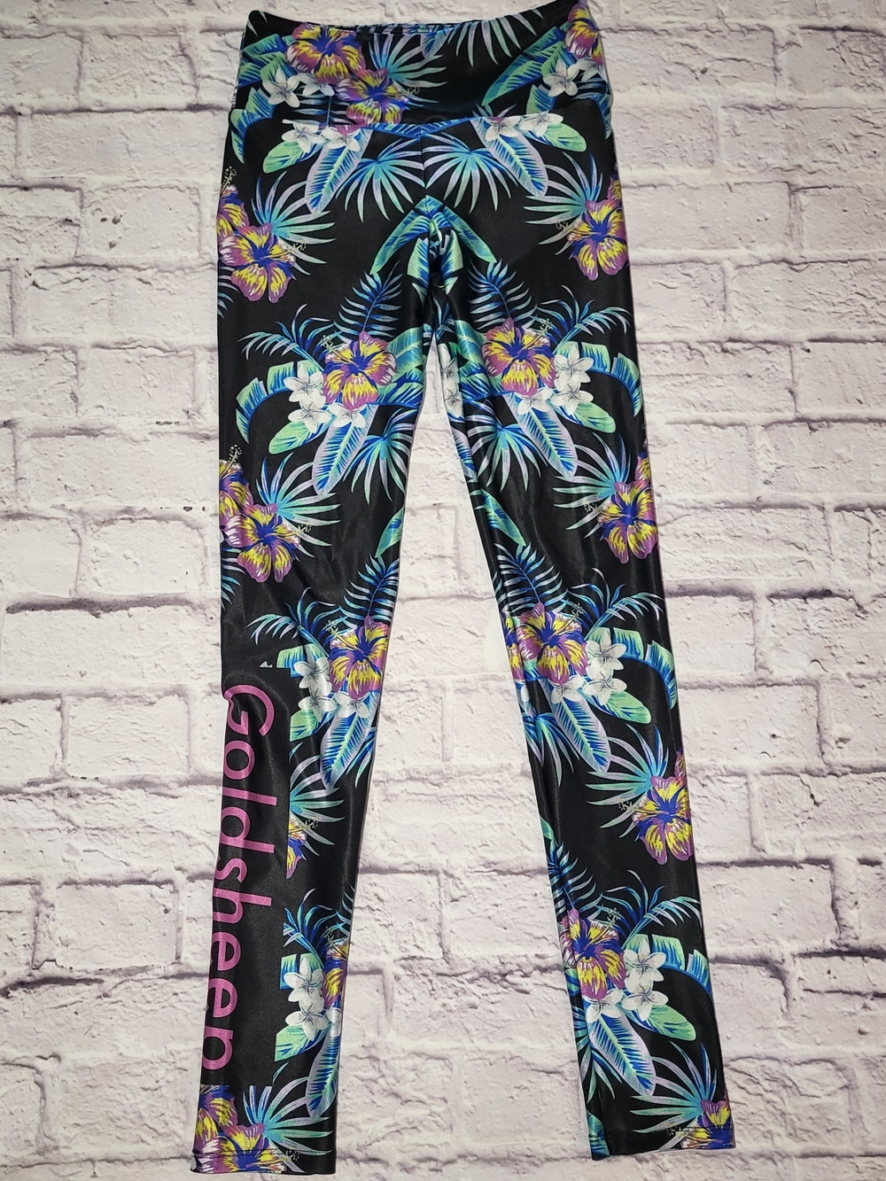 Goldsheep Leggings Tropical Palm Womens Small Black Shiny Pilates Florida Vibe